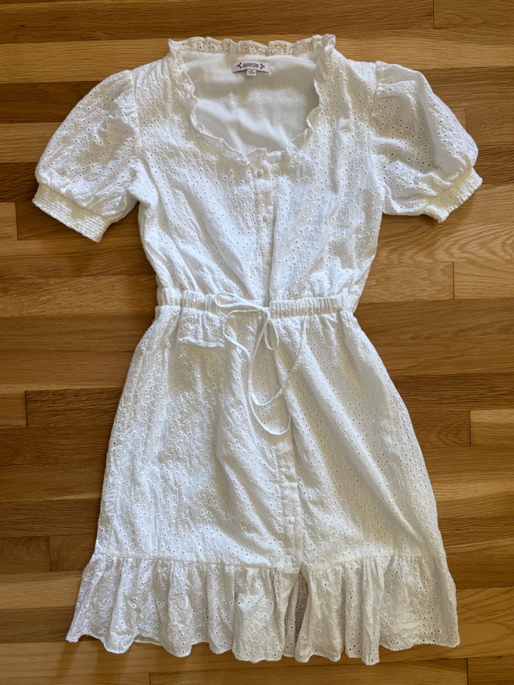 White Eyelet Ruffle Dress - Puff Sleeves- 100% Cotton